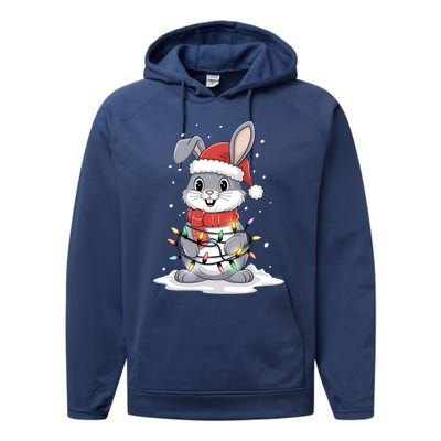 Bunny Santa Hat Christmas Tree Lights Xmas Rabbit Lover Funny Gift Performance Fleece Hoodie