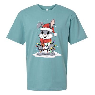 Bunny Santa Hat Christmas Tree Lights Xmas Rabbit Lover Funny Gift Sueded Cloud Jersey T-Shirt