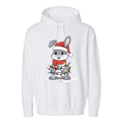 Bunny Santa Hat Christmas Tree Lights Xmas Rabbit Lover Funny Gift Garment-Dyed Fleece Hoodie