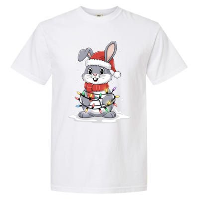 Bunny Santa Hat Christmas Tree Lights Xmas Rabbit Lover Funny Gift Garment-Dyed Heavyweight T-Shirt