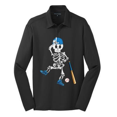 Baseball Skeleton Halloween Vintage Baseball Playing Silk Touch Performance Long Sleeve Polo