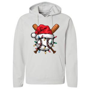 Baseball Santa Hat Christmas Lights Baseball Player Performance Fleece Hoodie