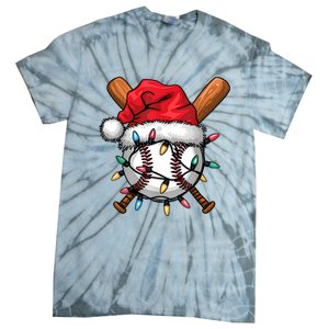 Baseball Santa Hat Christmas Lights Baseball Player Tie-Dye T-Shirt