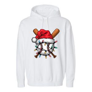 Baseball Santa Hat Christmas Lights Baseball Player Garment-Dyed Fleece Hoodie