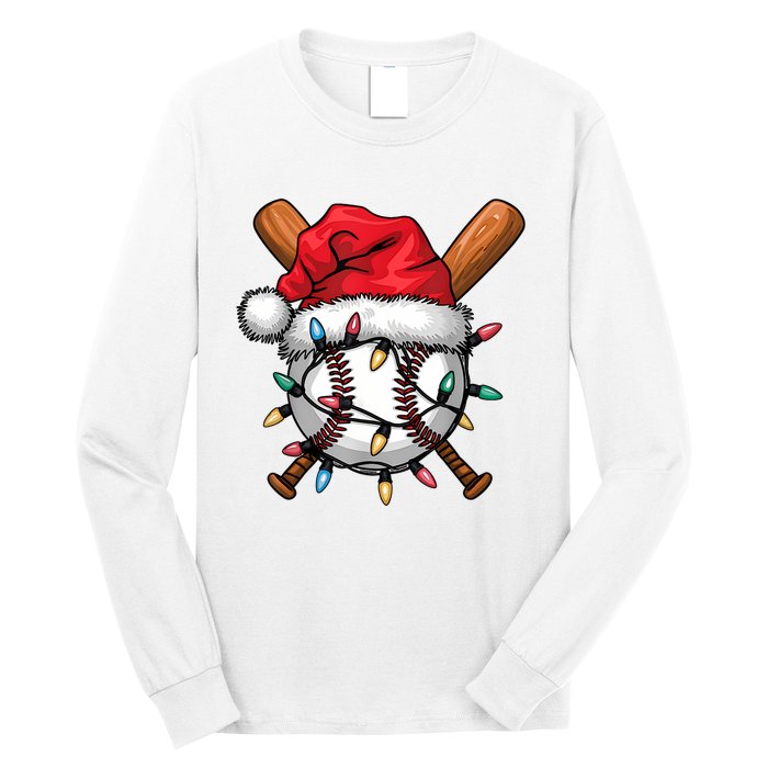 Baseball Santa Hat Christmas Lights Baseball Player Long Sleeve Shirt