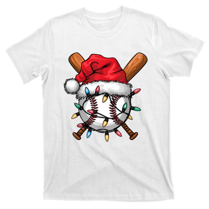 Baseball Santa Hat Christmas Lights Baseball Player T-Shirt