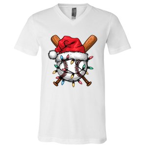 Baseball Santa Hat Christmas Lights Baseball Player V-Neck T-Shirt