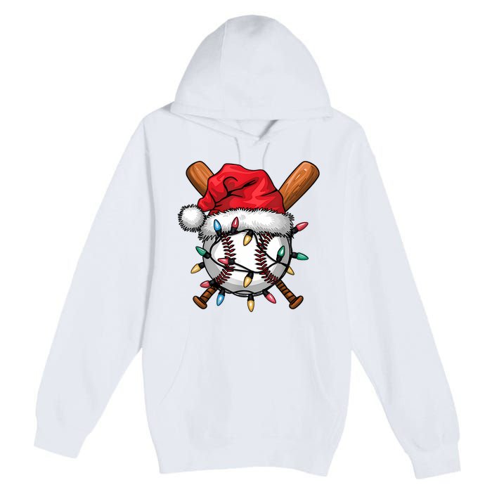 Baseball Santa Hat Christmas Lights Baseball Player Premium Pullover Hoodie