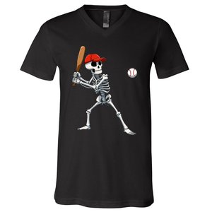 Baseball Skeleton Halloween Skeleton Playing Baseball V-Neck T-Shirt