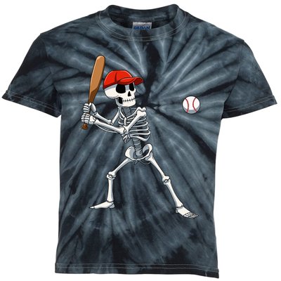 Baseball Skeleton Halloween Skeleton Playing Baseball Kids Tie-Dye T-Shirt