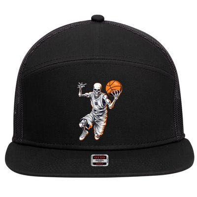 Basketball Skeleton Halloween ArtDunking Skeleton 7 Panel Mesh Trucker Snapback Hat