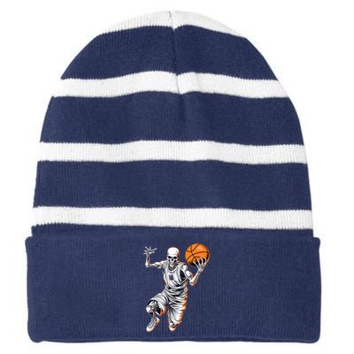 Basketball Skeleton Halloween ArtDunking Skeleton Striped Beanie with Solid Band