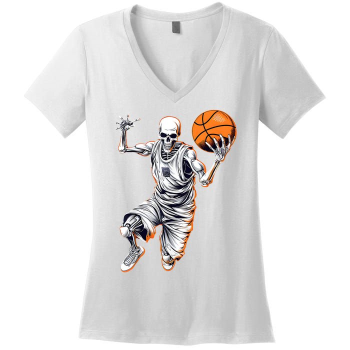 Basketball Skeleton Halloween ArtDunking Skeleton Women's V-Neck T-Shirt