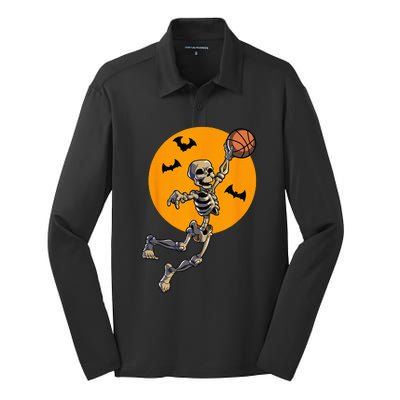 Basketball Skeleton Halloween Men Basketball Halloween Silk Touch Performance Long Sleeve Polo