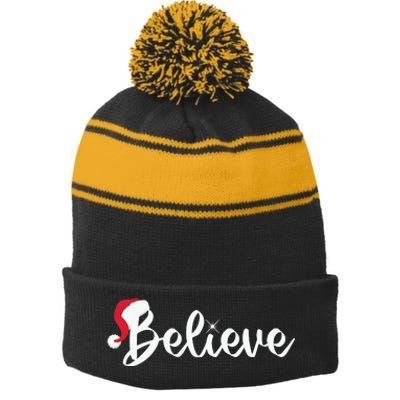 Believe Santa Hat Christmas Gift Stripe Pom Pom Beanie