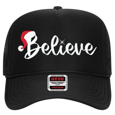 Believe Santa Hat Christmas Gift High Crown Mesh Back Trucker Hat