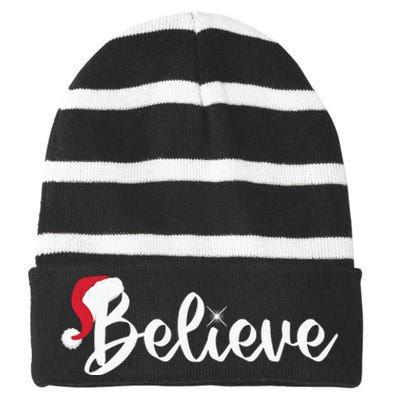 Believe Santa Hat Christmas Gift Striped Beanie with Solid Band