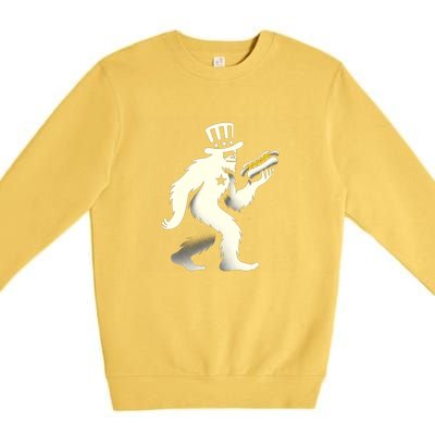 Bigfoot Sasquatch Holding Hotdog 4th Of July Gift Premium Crewneck Sweatshirt