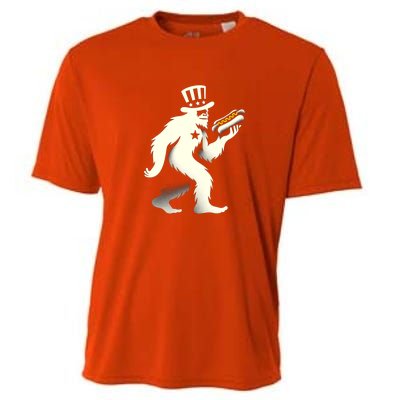 Bigfoot Sasquatch Holding Hotdog 4th Of July Gift Cooling Performance Crew T-Shirt