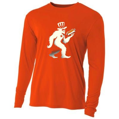 Bigfoot Sasquatch Holding Hotdog 4th Of July Gift Cooling Performance Long Sleeve Crew