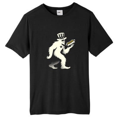 Bigfoot Sasquatch Holding Hotdog 4th Of July Gift Tall Fusion ChromaSoft Performance T-Shirt