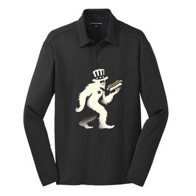 Bigfoot Sasquatch Holding Hotdog 4th Of July Gift Silk Touch Performance Long Sleeve Polo