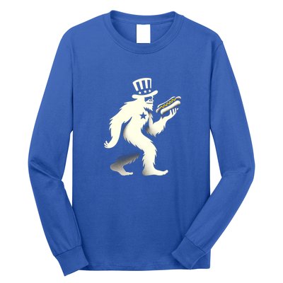 Bigfoot Sasquatch Holding Hotdog 4th Of July Gift Long Sleeve Shirt