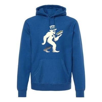 Bigfoot Sasquatch Holding Hotdog 4th Of July Gift Premium Hoodie