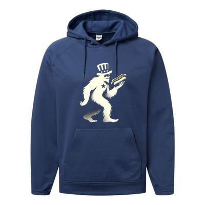 Bigfoot Sasquatch Holding Hotdog 4th Of July Gift Performance Fleece Hoodie