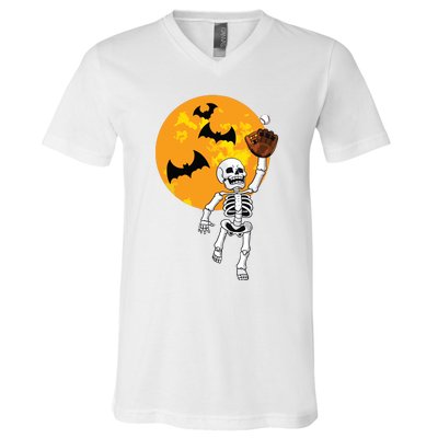 Baseball Skeleton Halloween Boy Baseball Halloween V-Neck T-Shirt