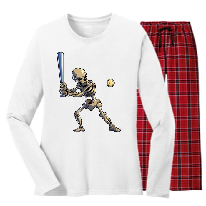 Baseball Skeleton Halloween Boy Baseball Halloween Women's Long Sleeve Flannel Pajama Set 