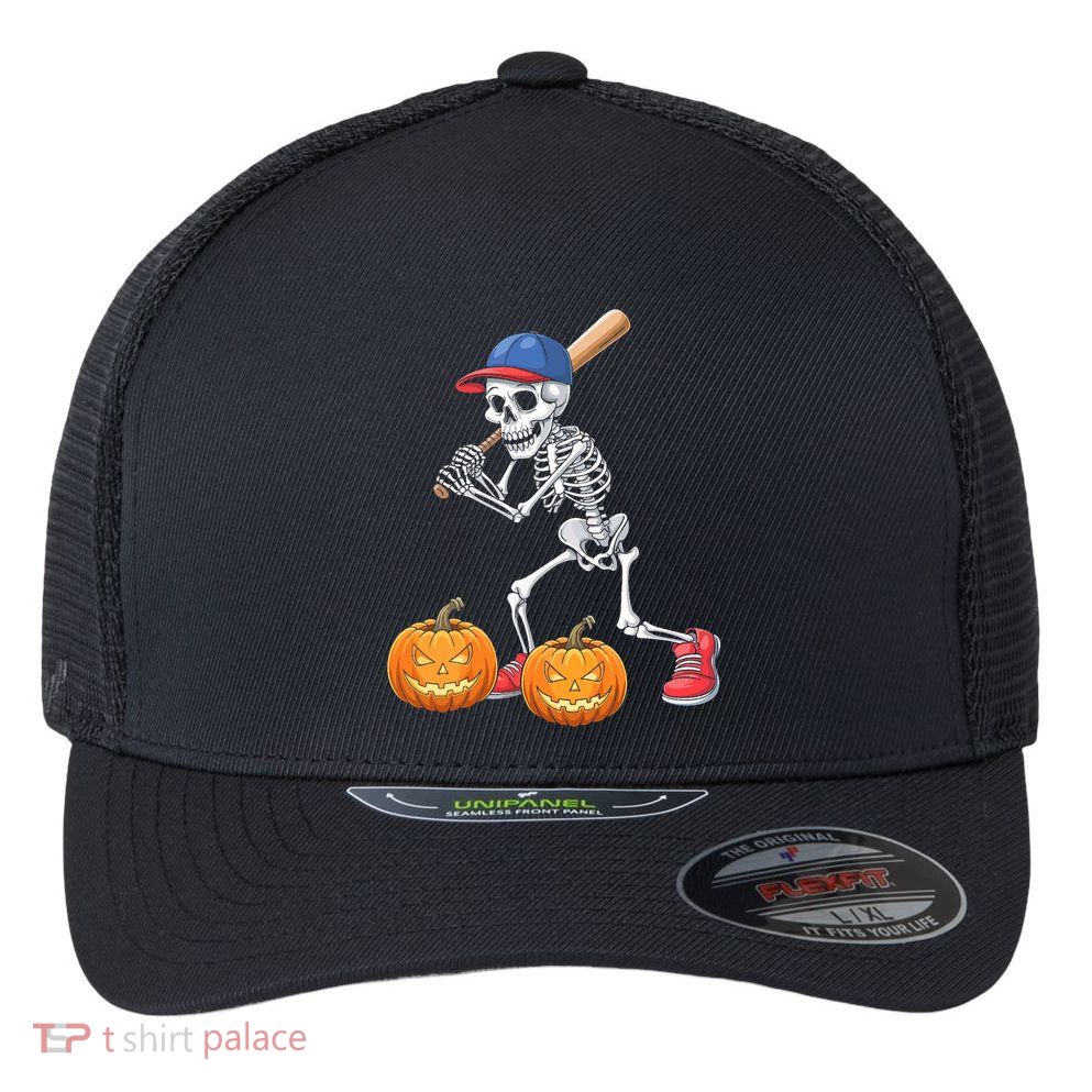 Baseball Skeleton Halloween Funny Baseball Halloween Flexfit Unipanel Trucker Cap