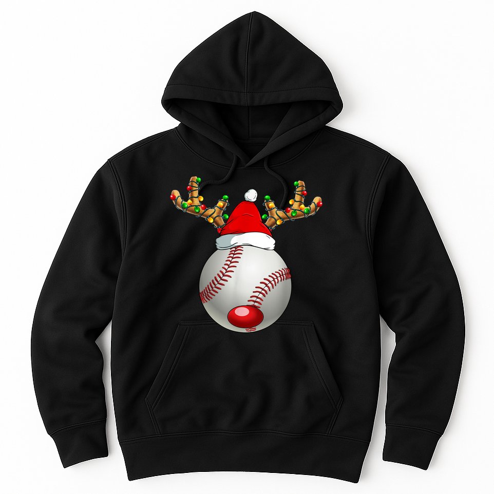 Baseball Santa Hat Reindeer Christmas Lights Men Boys Kids Hoodie