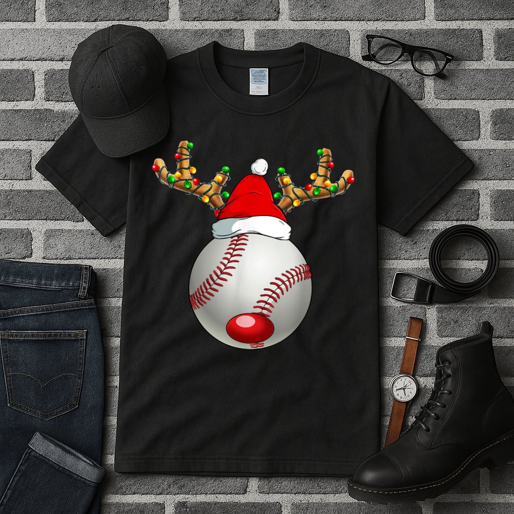 Baseball Santa Hat Reindeer Christmas Lights Men Boys Kids Tall T-Shirt