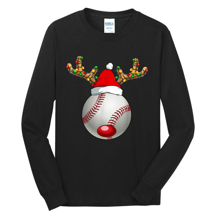 Baseball Santa Hat Reindeer Christmas Lights Men Boys Kids Tall Long Sleeve T-Shirt