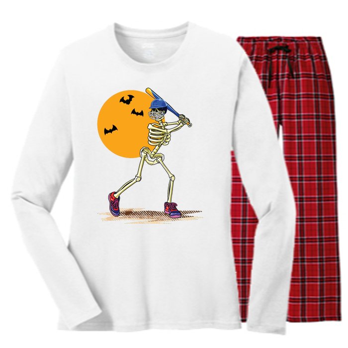 Baseball Skeleton Halloween Boy Baseball Halloween Women's Long Sleeve Flannel Pajama Set 