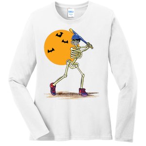 Baseball Skeleton Halloween Boy Baseball Halloween Ladies Long Sleeve Shirt