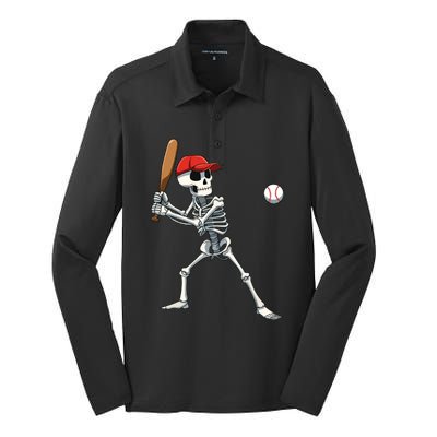 Baseball Skeleton Halloween Skeleton Playing Baseball Silk Touch Performance Long Sleeve Polo