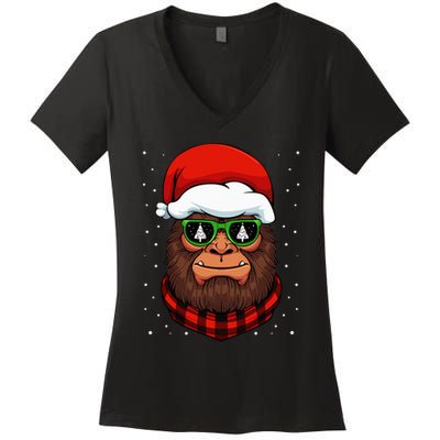 Bigfoot Santa Hat Christmas Pajama Cool Winter X Mas Tree Women's V-Neck T-Shirt