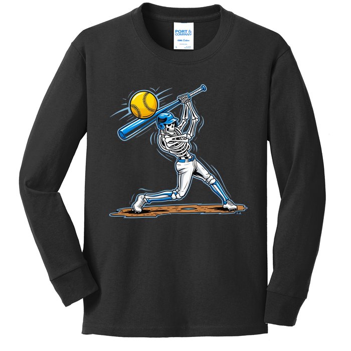 Baseball Skeleton Halloween Spooky Baseball Halloween Design Kids Long Sleeve Shirt