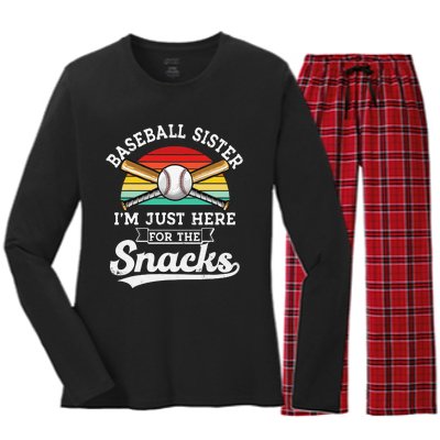 Baseball sister I'm Just Here for the snacks retro Baseball Women's Long Sleeve Flannel Pajama Set 