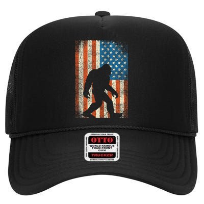 Bigfoot Sasquatch I Believe Patriot American Flag USA High Crown Mesh Back Trucker Hat