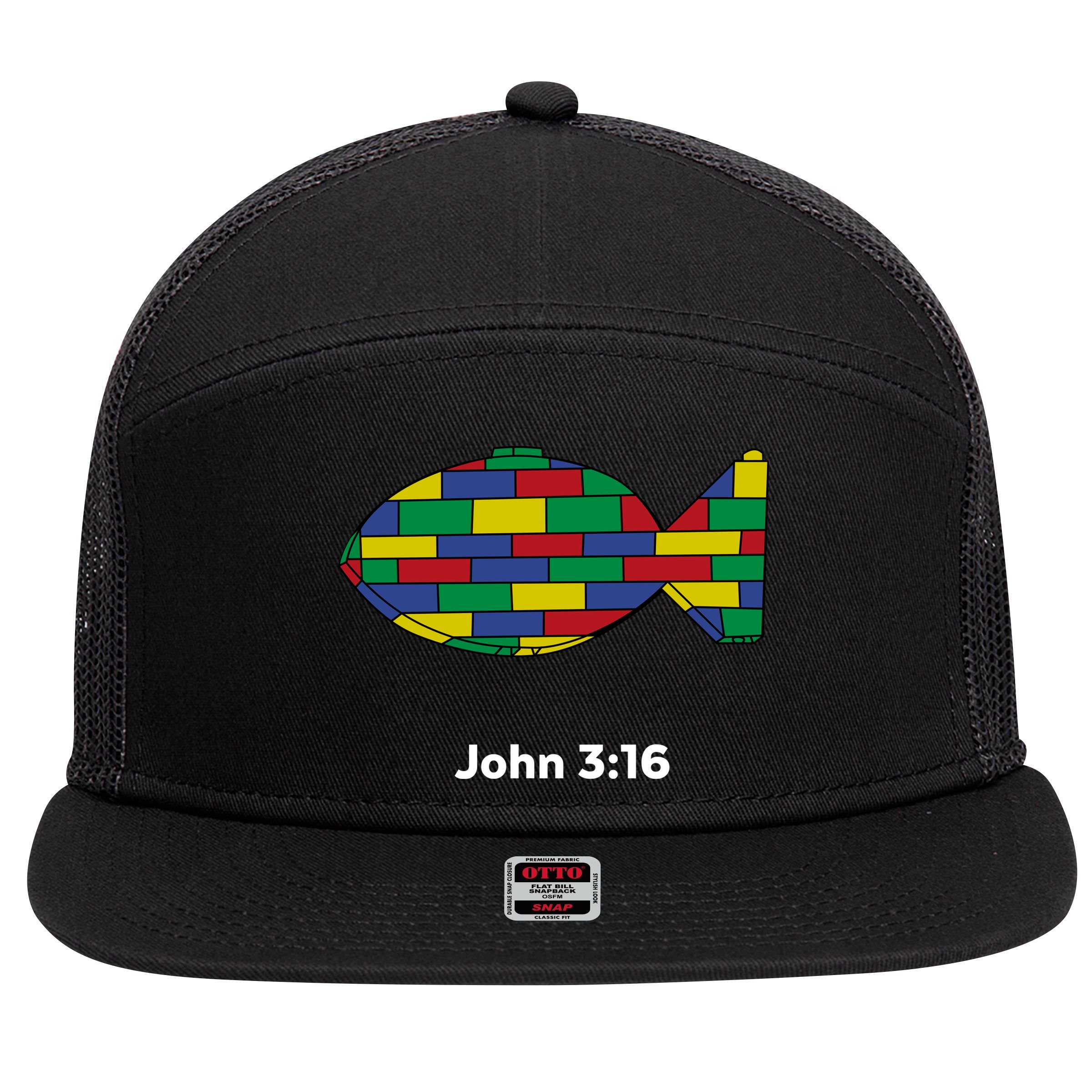 Brick Science John 3:16 – Christian Faith With Fish Symbol, Bible Verse Apparel 7 Panel Mesh Trucker Snapback Hat