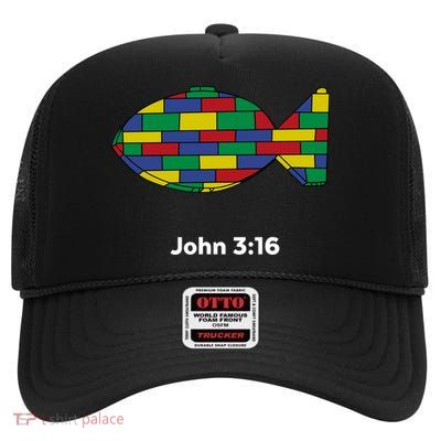 Brick Science John 3:16 – Christian Faith With Fish Symbol, Bible Verse Apparel High Crown Mesh Back Trucker Hat