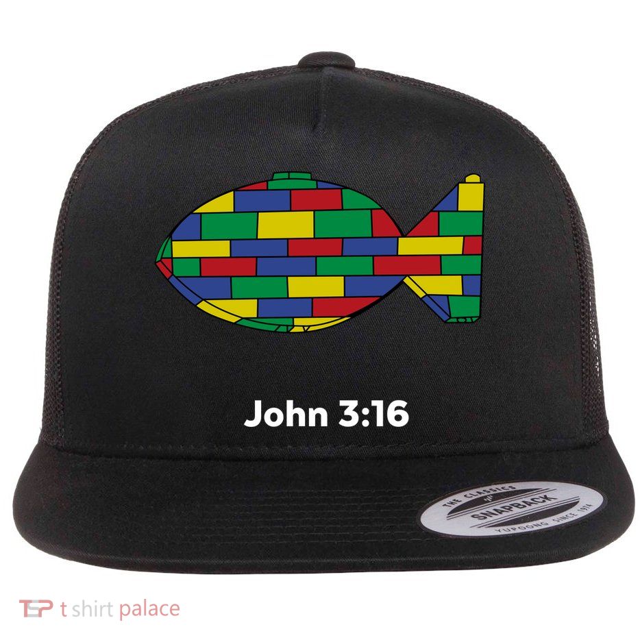 Brick Science John 3:16 – Christian Faith With Fish Symbol, Bible Verse Apparel Flat Bill Trucker Hat