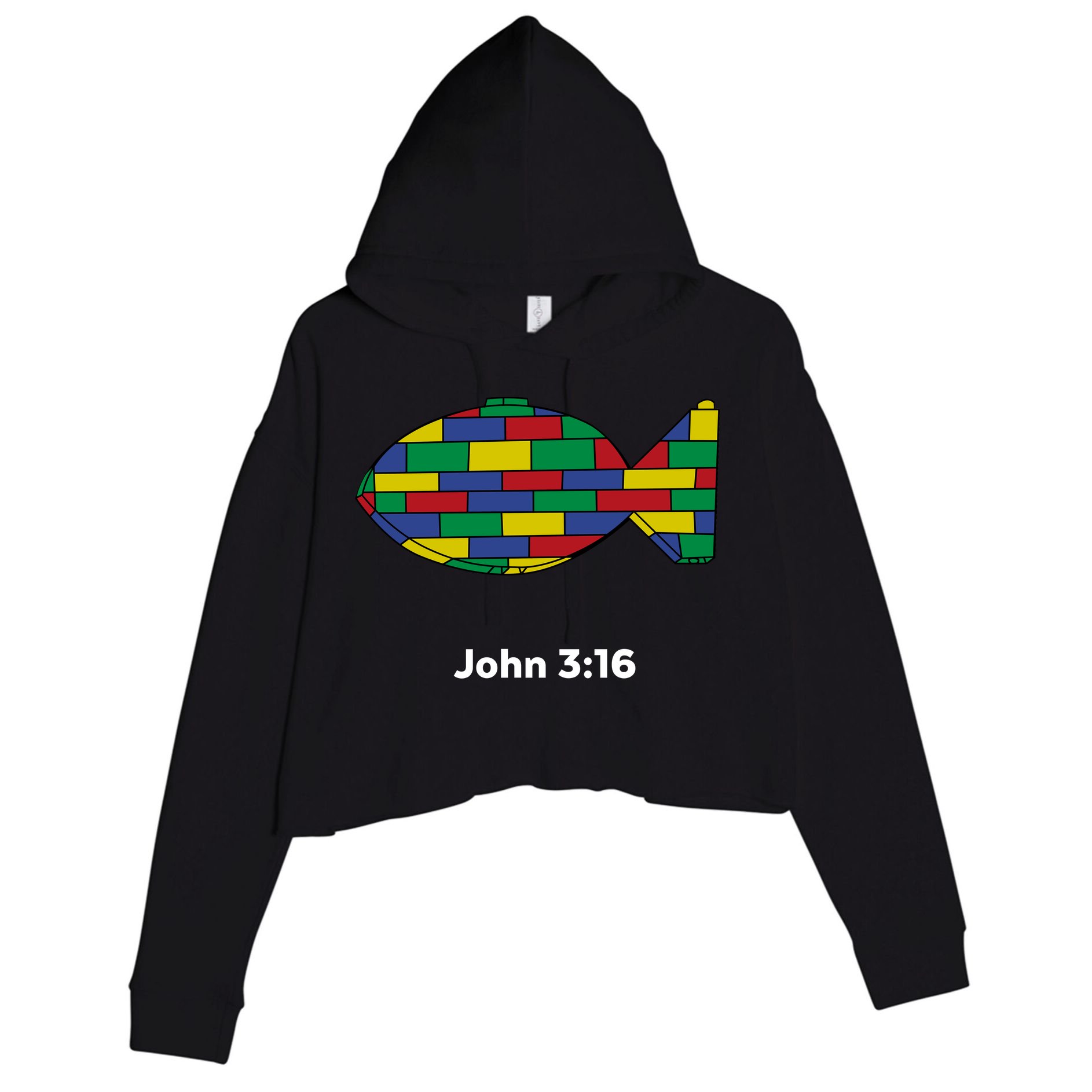 Brick Science John 3:16 – Christian Faith With Fish Symbol, Bible Verse Apparel Crop Fleece Hoodie