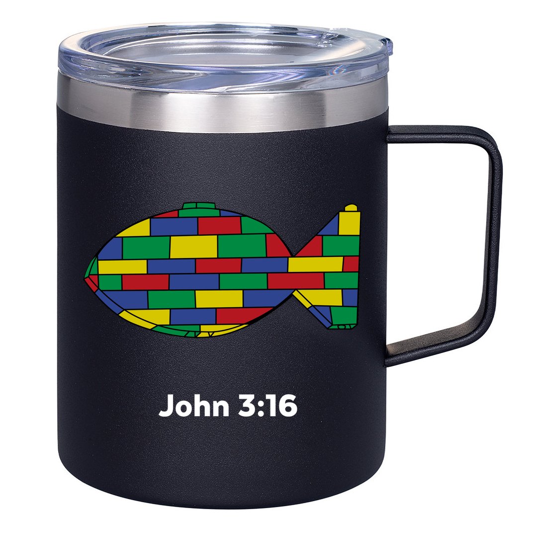 Brick Science John 3:16 – Christian Faith With Fish Symbol, Bible Verse Apparel 12oz Stainless Steel Coffee Mug
