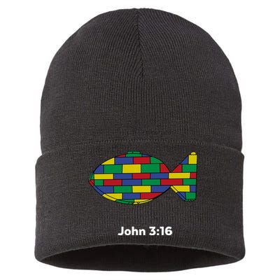 Brick Science John 3:16 – Christian Faith With Fish Symbol, Bible Verse Apparel Sustainable Knit Beanie