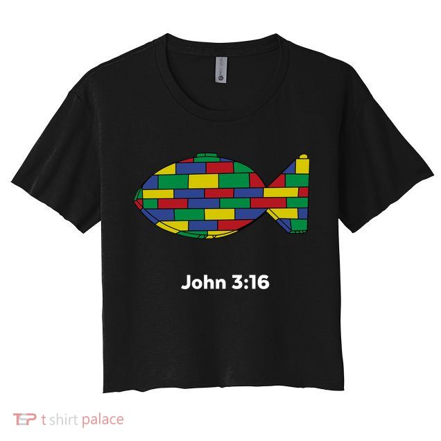 Brick Science John 3:16 – Christian Faith With Fish Symbol, Bible Verse Apparel Crop Top