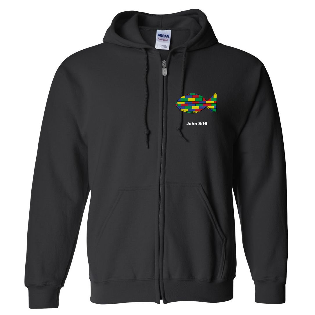 Brick Science John 3:16 – Christian Faith With Fish Symbol, Bible Verse Apparel Full Zip Hoodie
